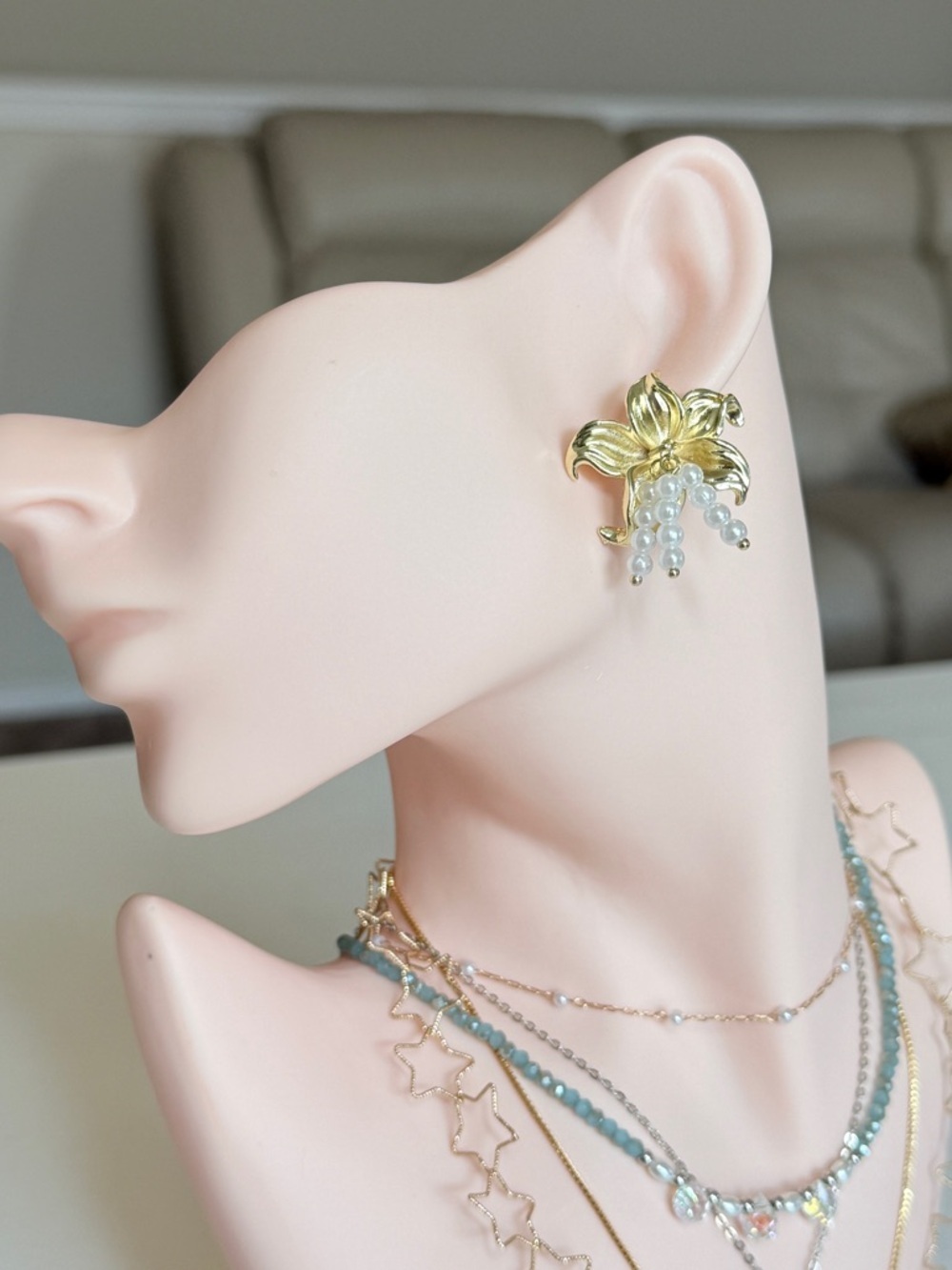 Gold Floral Pearl Drop Earrings